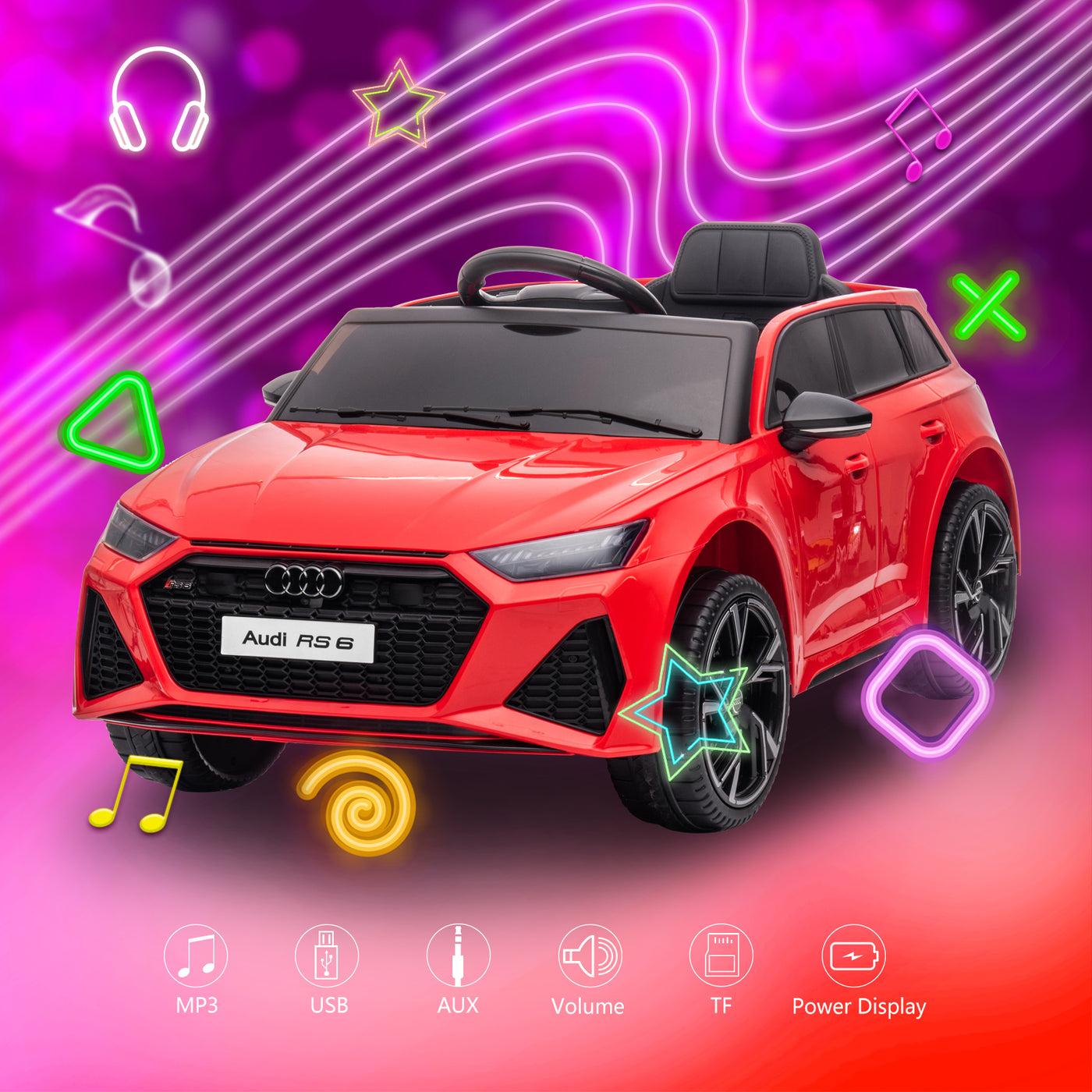 Licensed Audi RS 6 Ride On Car for Kids 12V Electric Car with 2.4G Remote Control, Seat Belt, Openable Door, Spring Suspension, LED Light