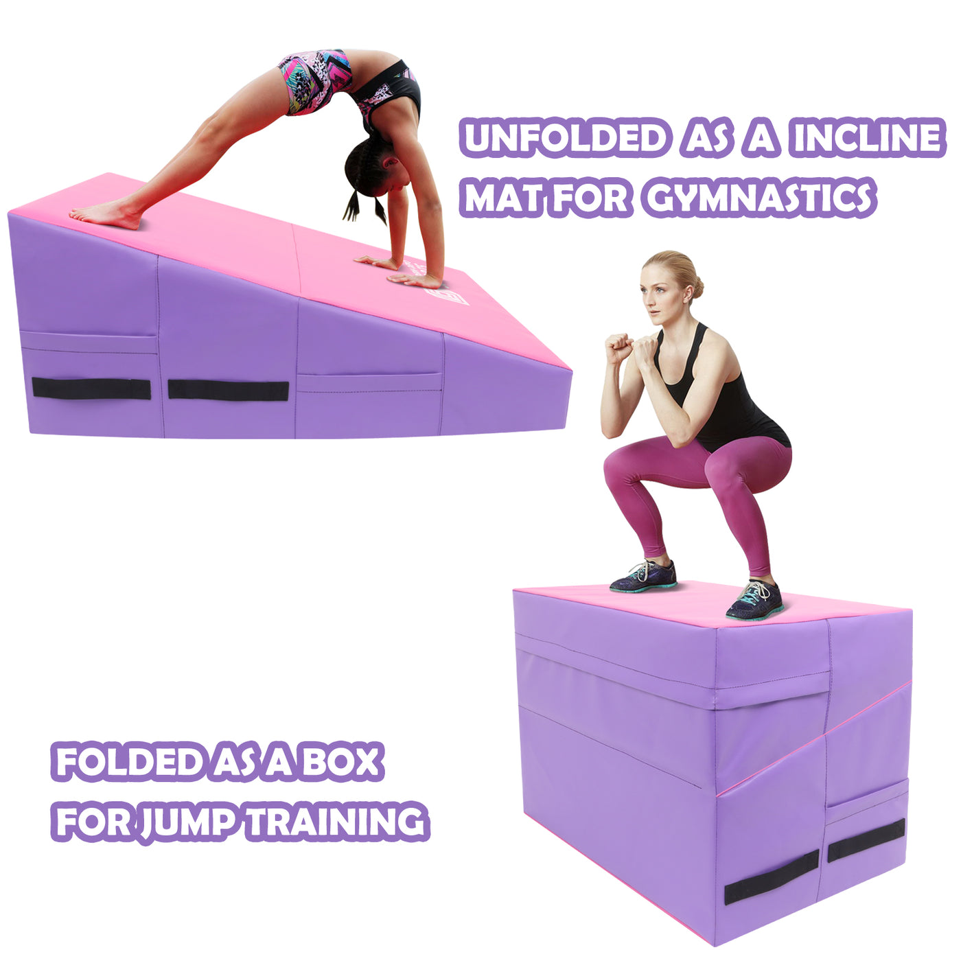 Gymnastics Wedge Mats 33" X 23.6" X 13.4" Folding for Home Use | Incline Mat Cheese Wedge With Zip Fastener, Waterproof Vinyl Cover, EPE Foam for Exercise, Tumbling, Yoga, Pilates, Pink Purple