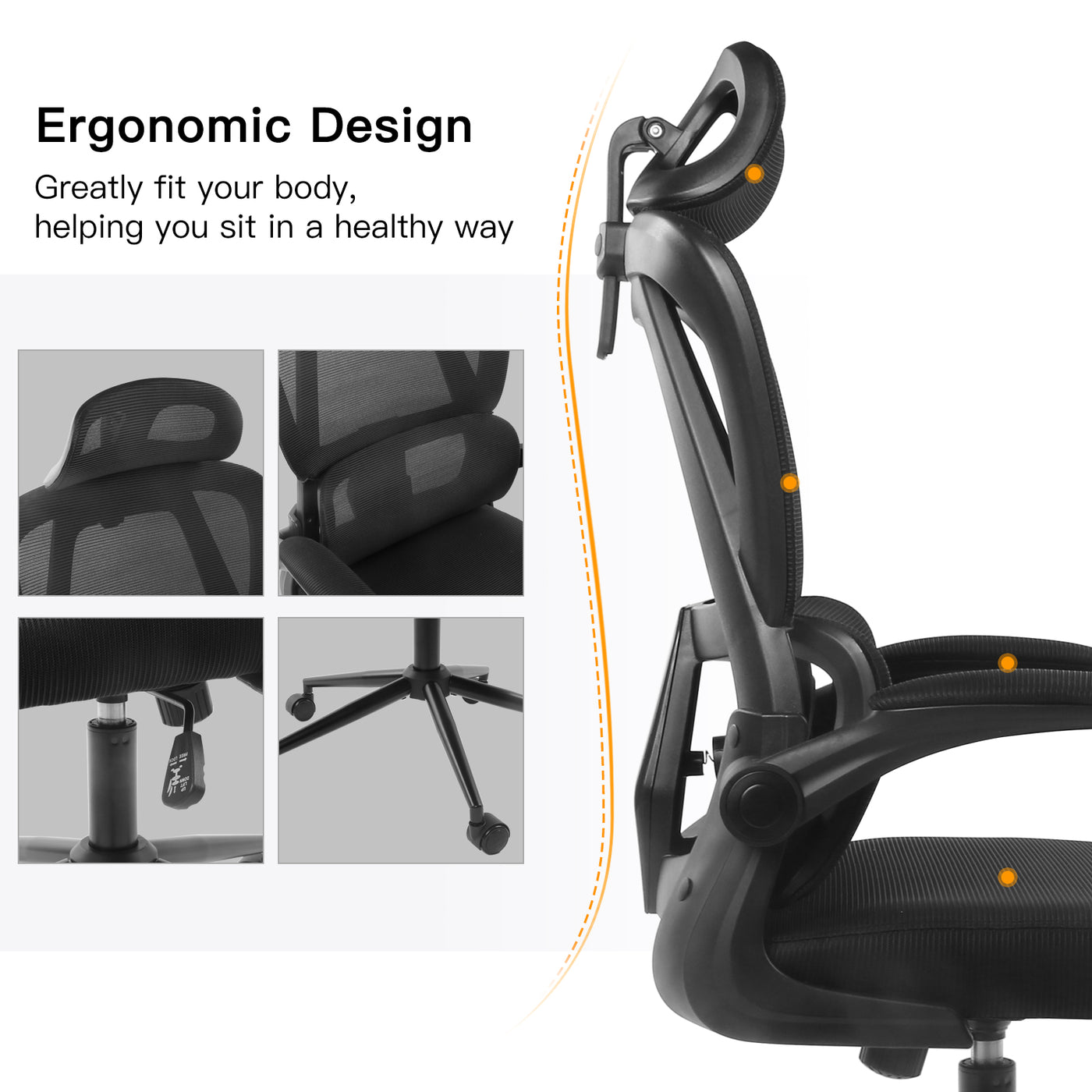 Ergonomic Office Chair Height Adjustable Seat Swivel Computer Chair Breathable Mesh Chair with Flip-up Armrest, Lumbar Support, Adjustable Headrest