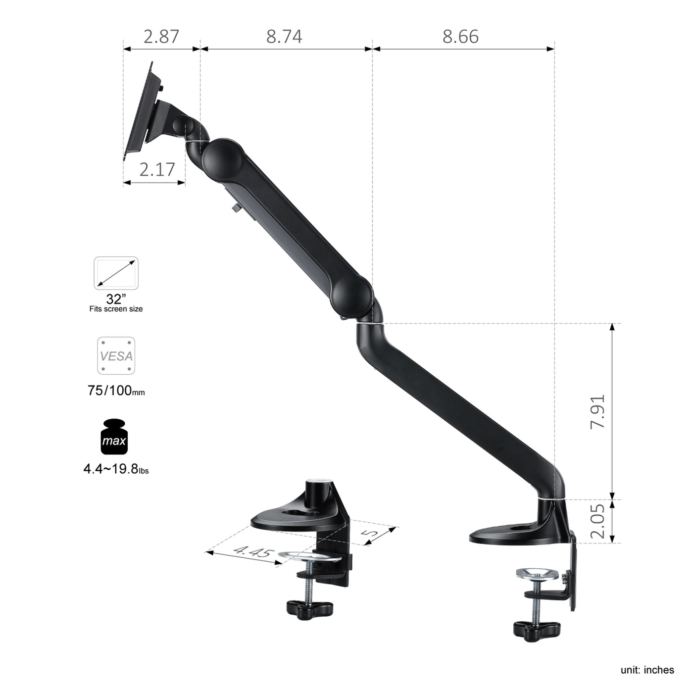 Single Monitor Arm Height Adjustable Monitor Mount with Gas Spring, C Clamp