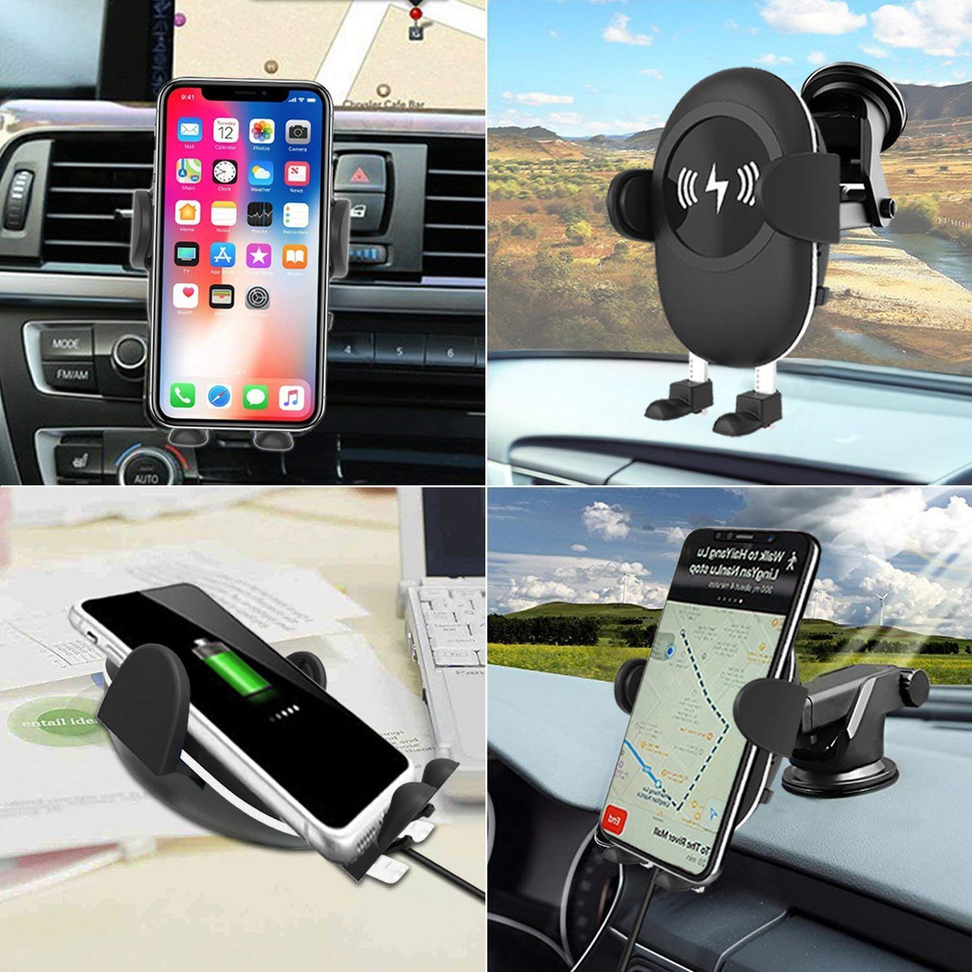 2 in 1 Qi Wireless Fast Charging Car Charger Phone Mount Holder 2 USB for Phone