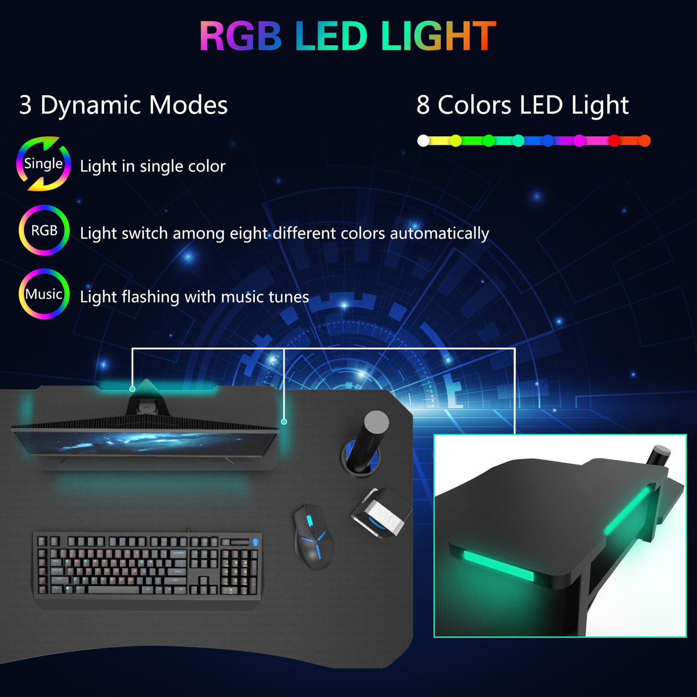 Computer Gaming Desk with LED Lights Monitor Stand 41 Inch PC Table Workstation