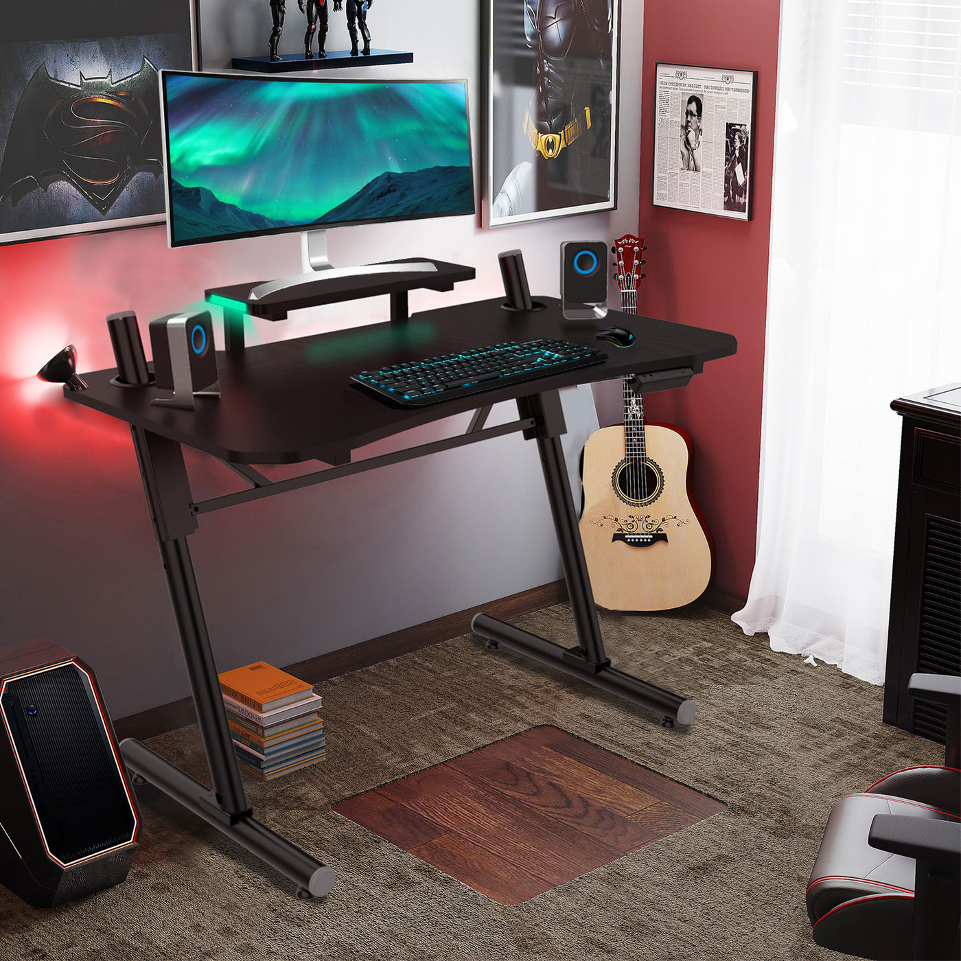 Computer Gaming Desk with LED Lights Monitor Stand 41 Inch PC Table Workstation