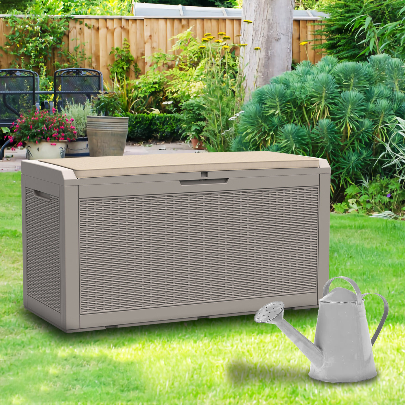 380L/100Gal Litre Outdoor Weatherproof Deck Box Patio Storage Cabinet w/ Cushion