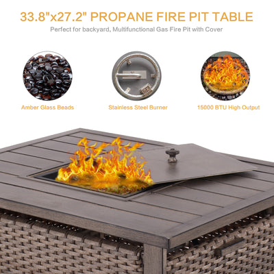 5 Piece Patio Furniture Set with Fire Pit Table, 4 Wicker Rocking Motion Chairs & 33.8"x27.2" 15000 BTU Propane Gas Firepit Table