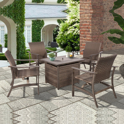 5 Piece Patio Furniture Set with Fire Pit Table, 4 Wicker Rocking Motion Chairs & 33.8"x27.2" 15000 BTU Propane Gas Firepit Table