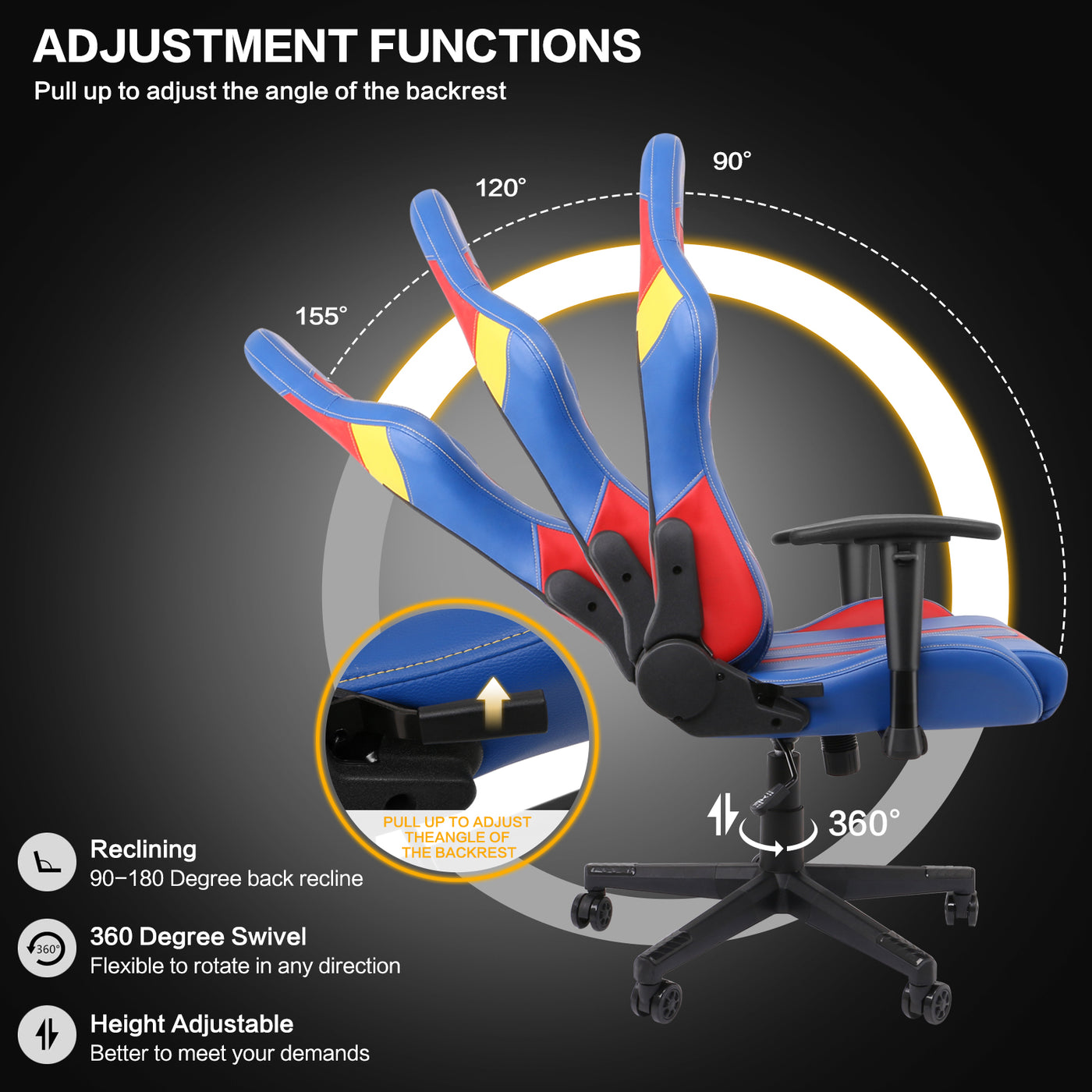 Ergonomic Video Gaming Chair Recliner | 360 Degree Swivel Computer Gaming Chair with Lumbar Support, Headrest, Height Adjustable for Study, Home Office, Blue Red