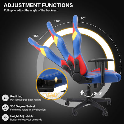 Ergonomic Video Gaming Chair Recliner | 360 Degree Swivel Computer Gaming Chair with Lumbar Support, Headrest, Height Adjustable for Study, Home Office, Blue Red