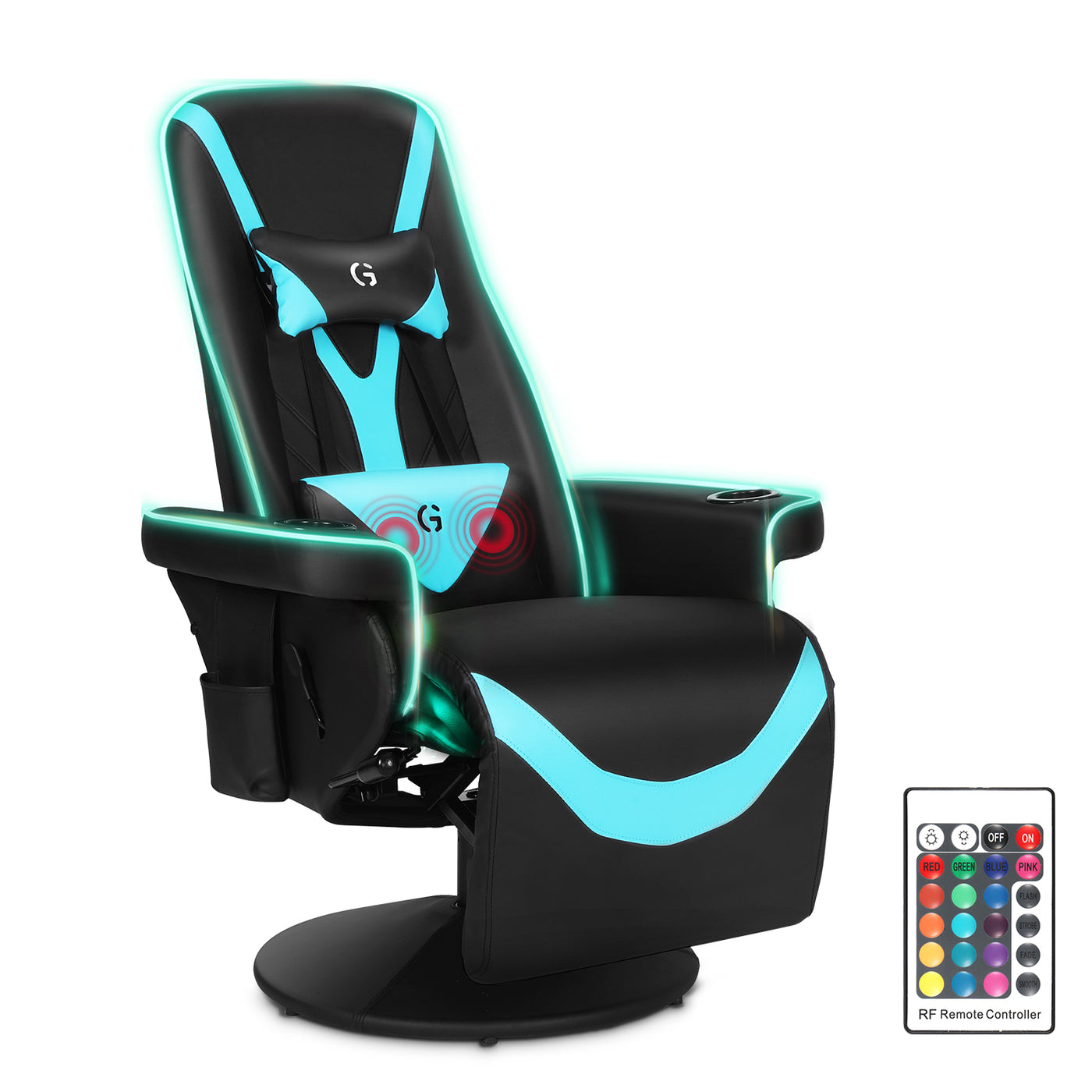 Swivel Gaming Chair Ergonomic Recliner w/ RGB LED Lights Massage Lumbar Support