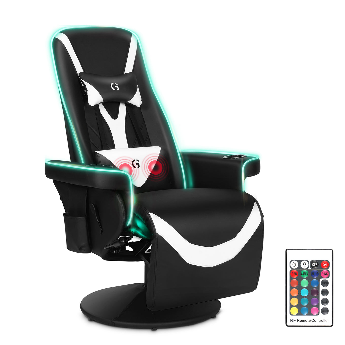 Swivel Gaming Chair Ergonomic Recliner w/ RGB LED Lights Massage Lumbar Support