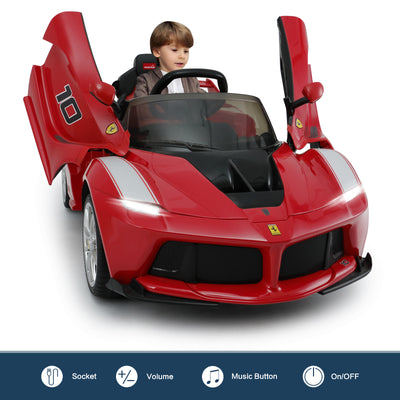 Licensed Ferrari LaFerrari Racing Ride On Car 12V Kids Electric Car with Remote Control, Openable Hydraulic Scissor Doors, Leather Seat, Spring Suspension, Lights, MP3, Powered Wheels Racing Car, Red