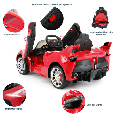 Licensed Ferrari LaFerrari Racing Ride On Car 12V Kids Electric Car with Remote Control, Openable Hydraulic Scissor Doors, Leather Seat, Spring Suspension, Lights, MP3, Powered Wheels Racing Car, Red