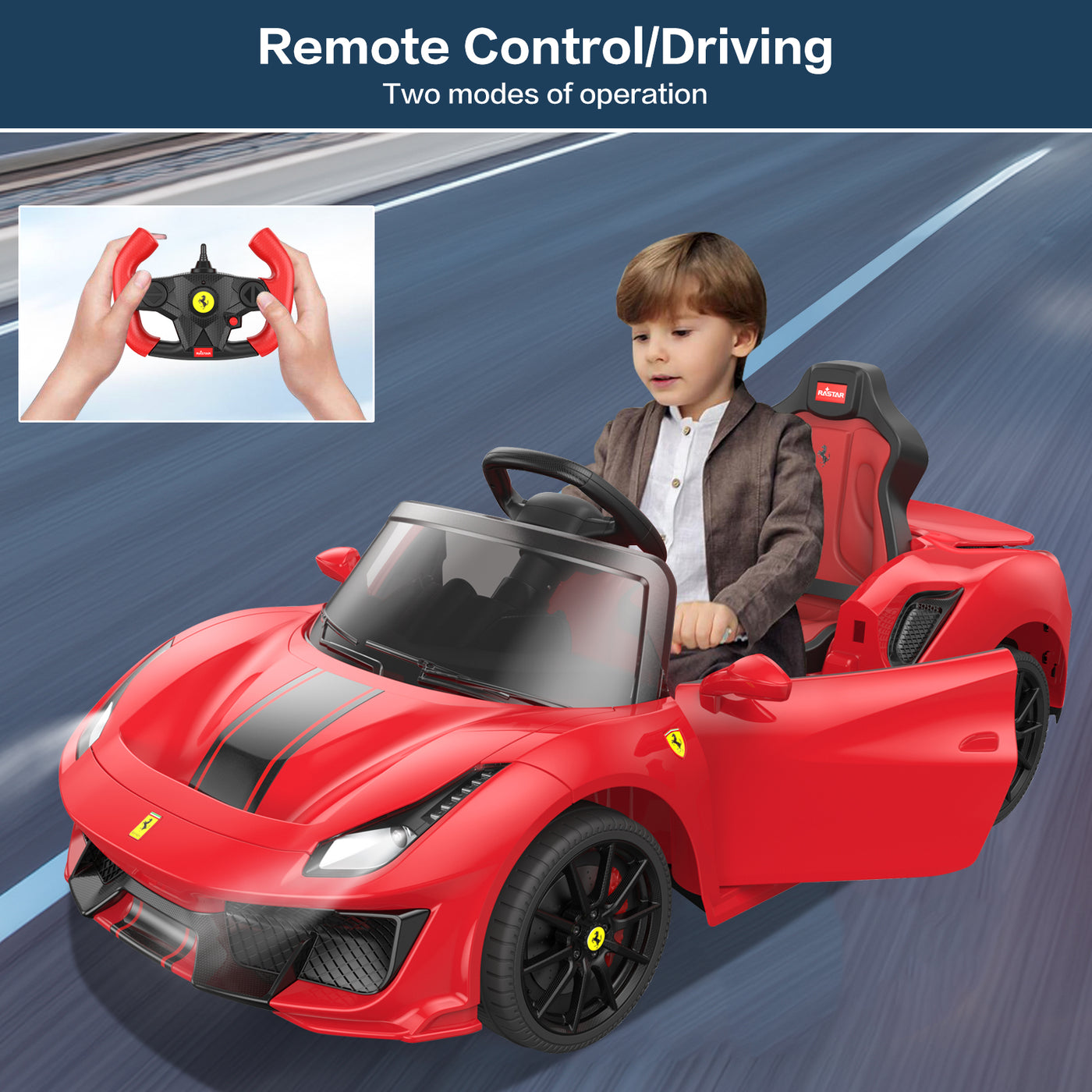 Licensed Ferrari 488 PISTA SPIDER Ride On Car with Speaker, 12V Battery Powered Kids Electric Car, Remote Control, Openable Doors, Leather Seat, Braking System, Spring Suspension, Light, Red