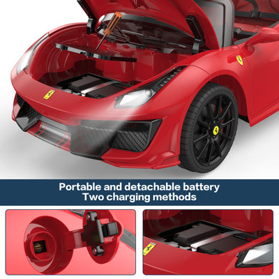 Licensed Ferrari 488 PISTA SPIDER Ride On Car with Speaker, 12V Battery Powered Kids Electric Car, Remote Control, Openable Doors, Leather Seat, Braking System, Spring Suspension, Light, Red