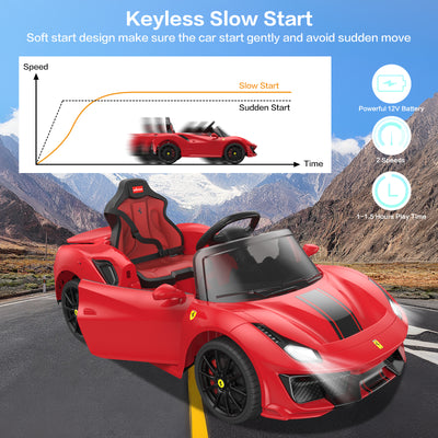 Licensed Ferrari 488 PISTA SPIDER Ride On Car with Speaker, 12V Battery Powered Kids Electric Car, Remote Control, Openable Doors, Leather Seat, Braking System, Spring Suspension, Light, Red