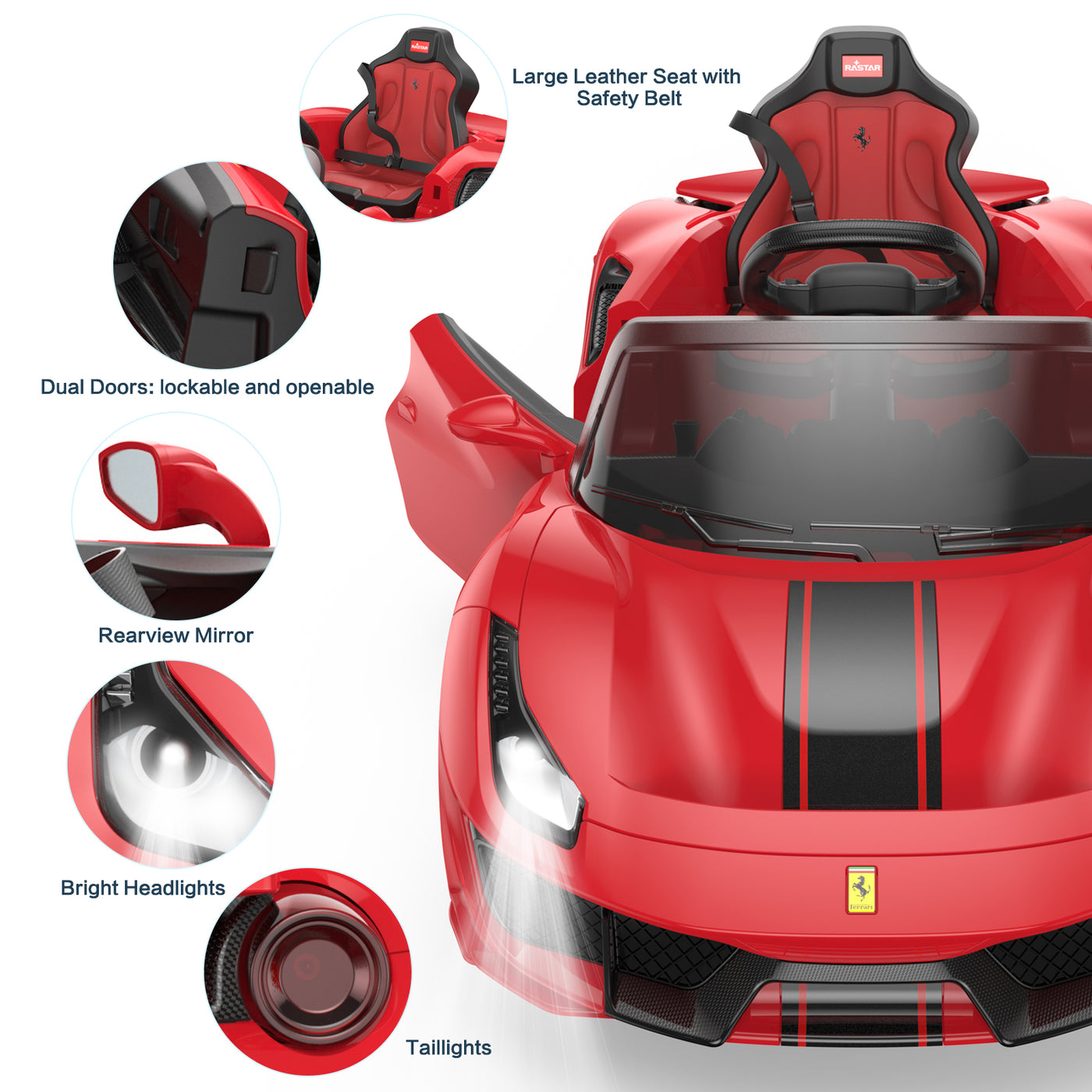 Licensed Ferrari 488 PISTA SPIDER Ride On Car with Speaker, 12V Battery Powered Kids Electric Car, Remote Control, Openable Doors, Leather Seat, Braking System, Spring Suspension, Light, Red