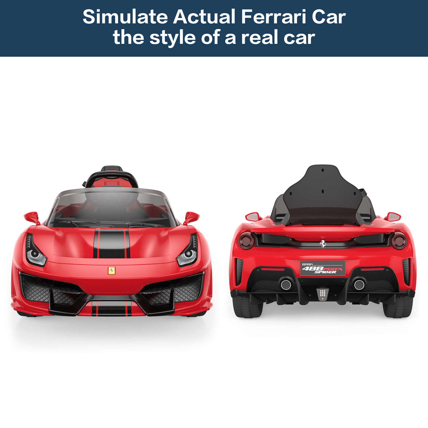 Licensed Ferrari 488 PISTA SPIDER Ride On Car with Speaker, 12V Battery Powered Kids Electric Car, Remote Control, Openable Doors, Leather Seat, Braking System, Spring Suspension, Light, Red