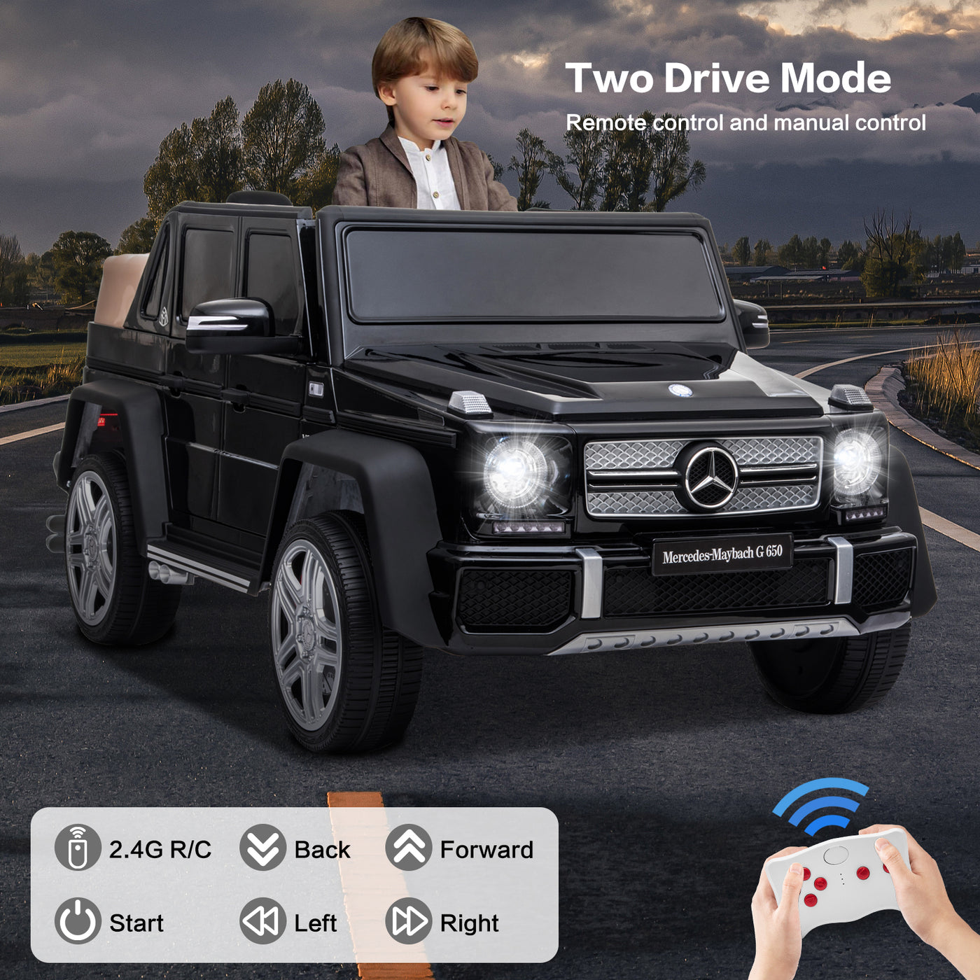 Licensed Mercedes Benz Maybach G650, 12V Ride On Car for Kids | Electric Car Ride on Truck w/Parent Remote Control, Music, LED Lights, 2 Motors, Suspensions, Safety Lock, 2 Doors, Storage Bin, Black