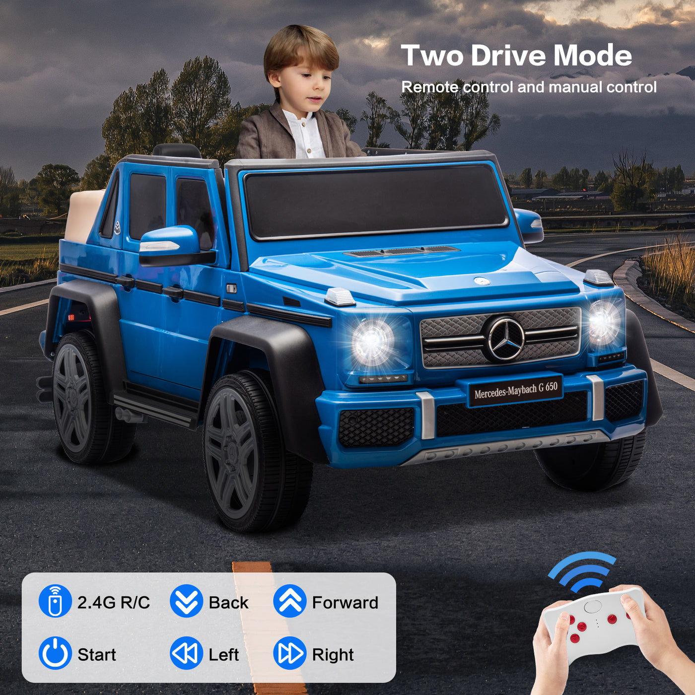 Licensed Mercedes Benz Maybach G650, 12V Ride On Car for Kids | Electric Car Ride on Truck w/Parent Remote Control, Music, LED Lights, 2 Motors, Suspensions, Safety Lock, 2 Doors, Storage Bin, Blue