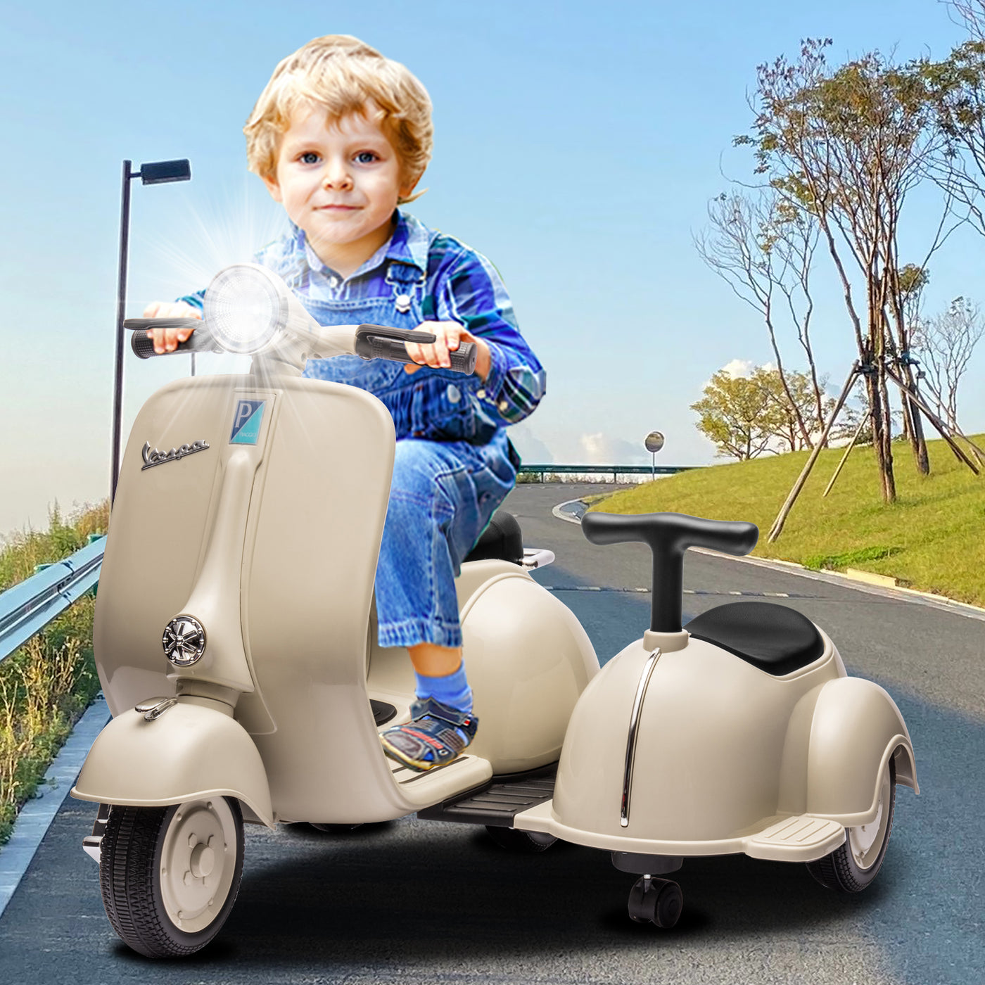 Licensed Vespa Kids Ride On Car with Side Car & Speaker | Motorcycle 2 Seater Three Wheeled Toy Car Rechargeable with Music Player, Volume Button, Lights, USB Plug, Forward, Backward, Beige