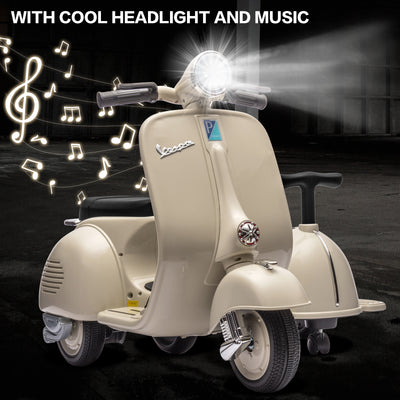 Licensed Vespa Kids Ride On Car with Side Car & Speaker | Motorcycle 2 Seater Three Wheeled Toy Car Rechargeable with Music Player, Volume Button, Lights, USB Plug, Forward, Backward