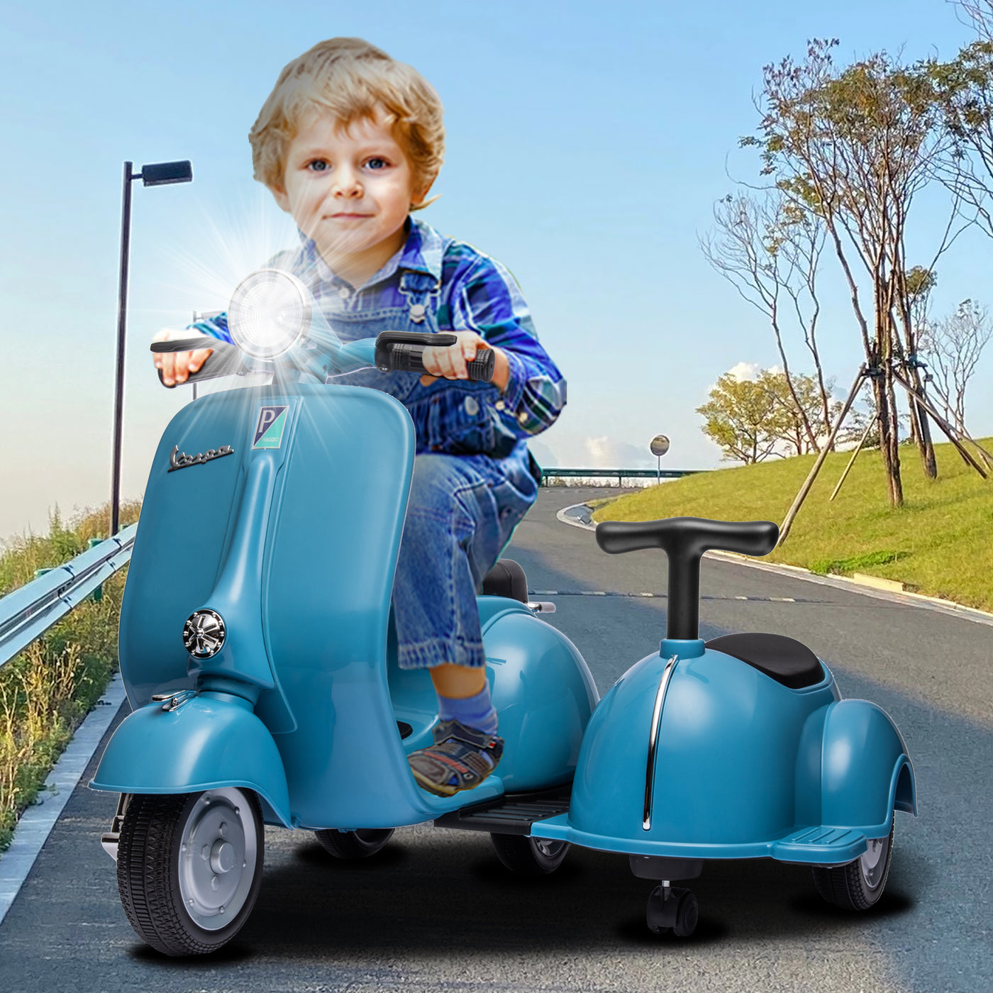 Licensed Vespa Kids Ride On Car with Side Car & Speaker | Motorcycle 2 Seater Three Wheeled Toy Car Rechargeable with Music Player, Volume Button, Lights, USB Plug, Forward, Backward, Blue