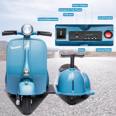 Licensed Vespa Kids Ride On Car with Side Car & Speaker | Motorcycle 2 Seater Three Wheeled Toy Car Rechargeable with Music Player, Volume Button, Lights, USB Plug, Forward, Backward