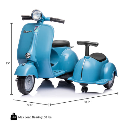 Licensed Vespa Kids Ride On Car with Side Car & Speaker | Motorcycle 2 Seater Three Wheeled Toy Car Rechargeable with Music Player, Volume Button, Lights, USB Plug, Forward, Backward