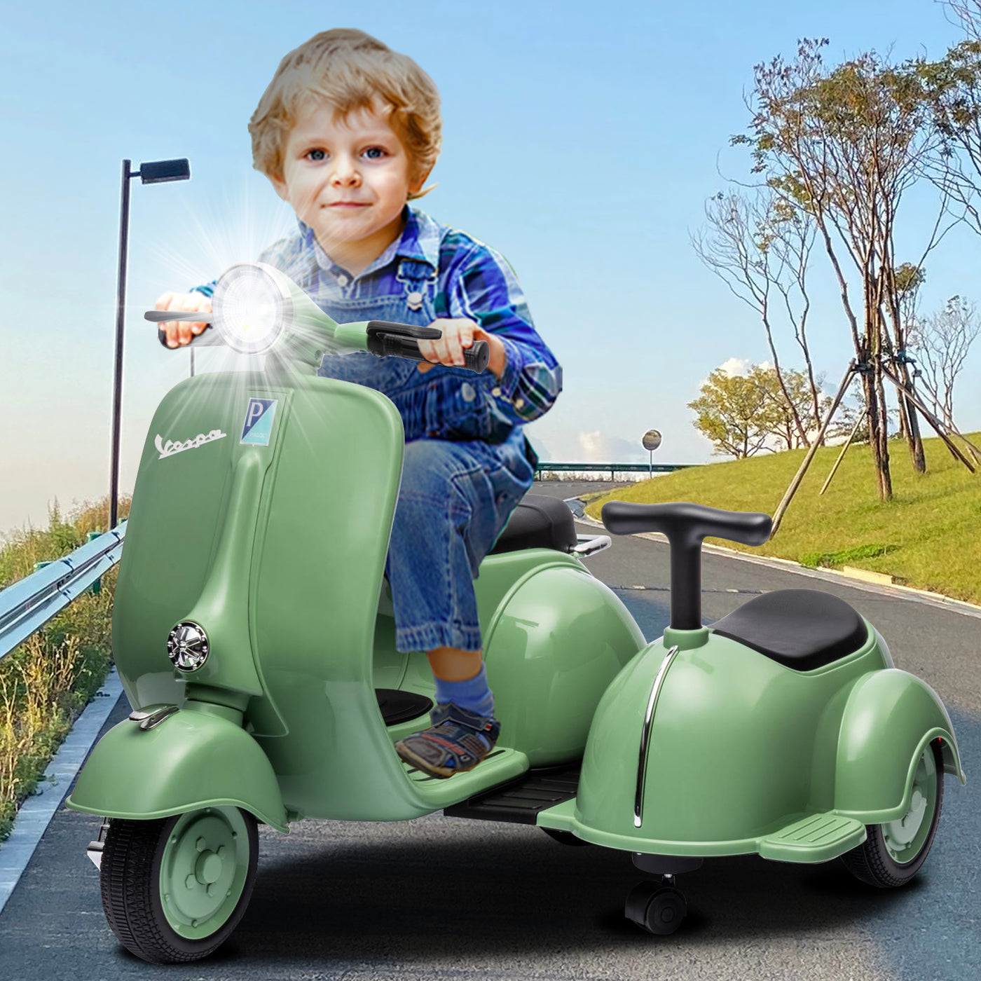 Licensed Vespa Kids Ride On Car with Side Car & Speaker | Motorcycle 2 Seater Three Wheeled Toy Car Rechargeable with Music Player, Volume Button, Lights, USB Plug, Forward, Backward, Green