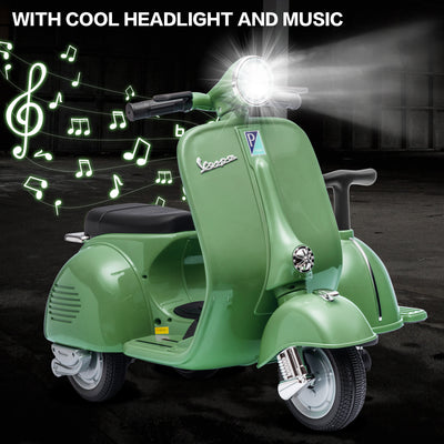 Licensed Vespa Kids Ride On Car with Side Car & Speaker | Motorcycle 2 Seater Three Wheeled Toy Car Rechargeable with Music Player, Volume Button, Lights, USB Plug, Forward, Backward