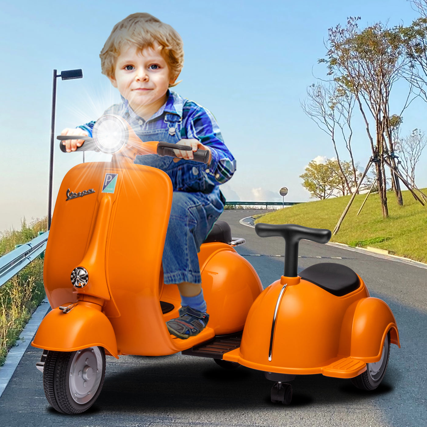 Licensed Vespa Kids Ride On Car with Side Car & Speaker | Motorcycle 2 Seater Three Wheeled Toy Car Rechargeable with Music Player, Volume Button, Lights, USB Plug, Forward, Backward, Orange