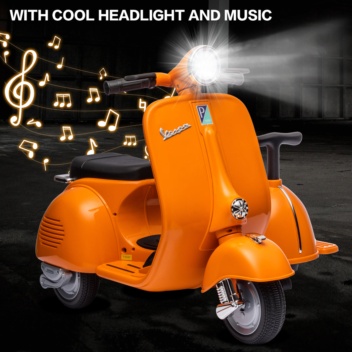 Licensed Vespa Kids Ride On Car with Side Car & Speaker | Motorcycle 2 Seater Three Wheeled Toy Car Rechargeable with Music Player, Volume Button, Lights, USB Plug, Forward, Backward