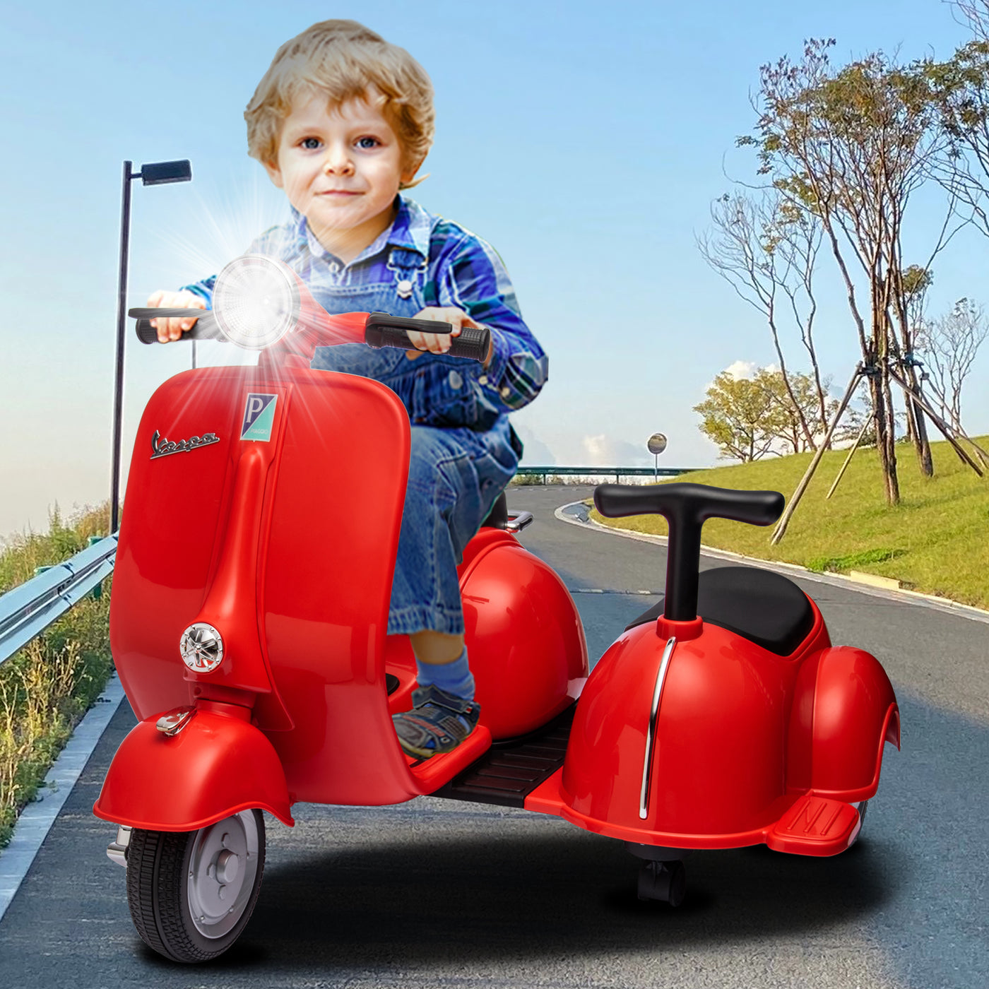 Licensed Vespa Kids Ride On Car with Side Car & Speaker | Motorcycle 2 Seater Three Wheeled Toy Car Rechargeable with Music Player, Volume Button, Lights, USB Plug, Forward, Backward, Red