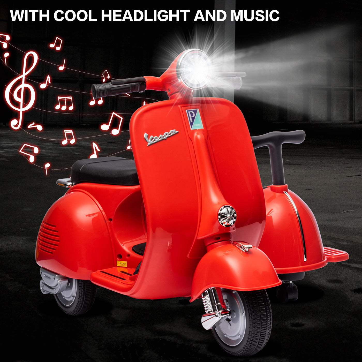 Licensed Vespa Kids Ride On Car with Side Car & Speaker | Motorcycle 2 Seater Three Wheeled Toy Car Rechargeable with Music Player, Volume Button, Lights, USB Plug, Forward, Backward