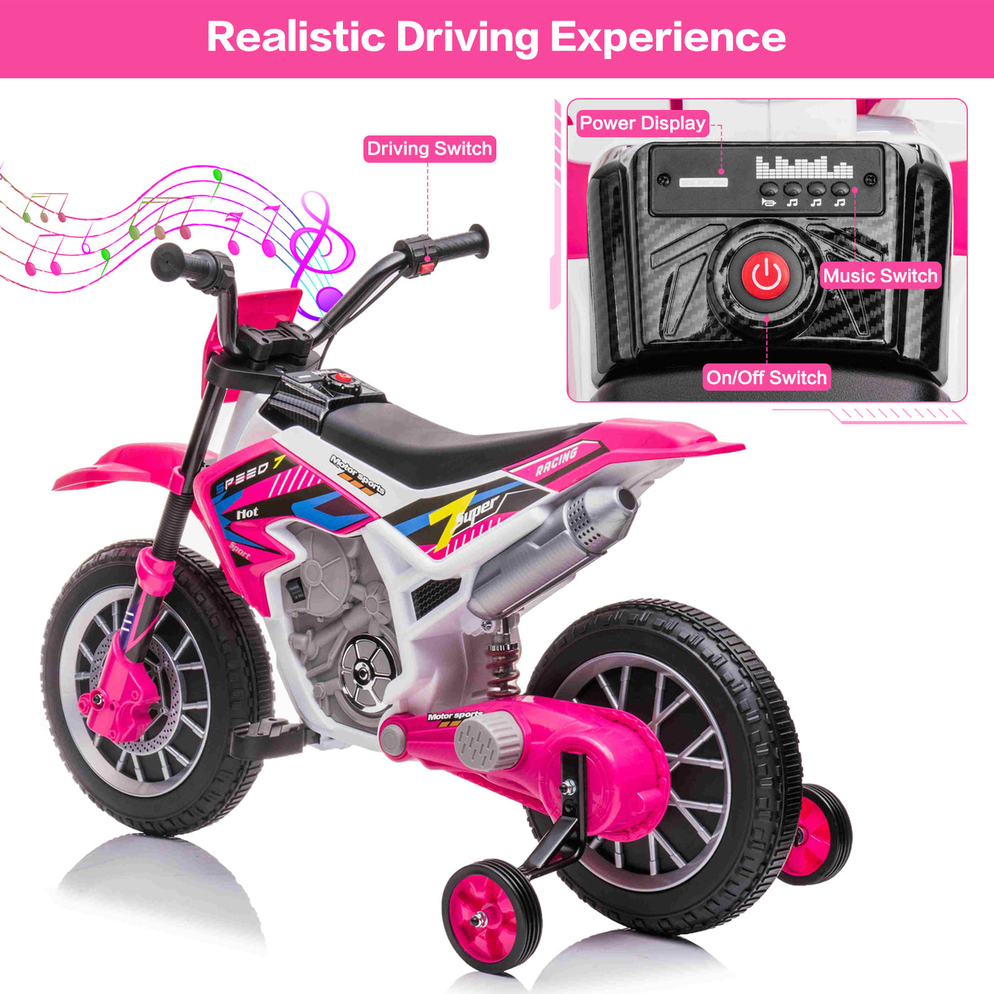 12V Kids Electric Ride on Motorcycle Off-Road Vehicle Battery Powered Dirt Bike with Spring Suspension, Training Wheels, 2 Speeds, MP3 Music