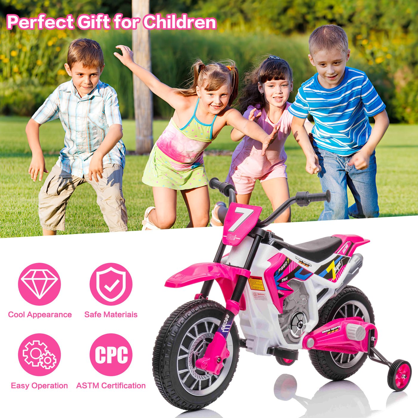 12V Kids Electric Ride on Motorcycle Off-Road Vehicle Battery Powered Dirt Bike with Spring Suspension, Training Wheels, 2 Speeds, MP3 Music