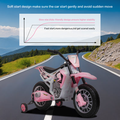 12V Kids Electric Ride on Motorcycle Off-Road Vehicle Battery Powered Dirt Bike with Spring Suspension, Training Wheels, 2 Speeds, MP3 Music, Light Pink