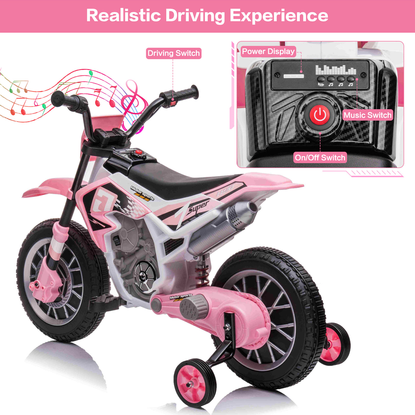 12V Kids Electric Ride on Motorcycle Off-Road Vehicle Battery Powered Dirt Bike with Spring Suspension, Training Wheels, 2 Speeds, MP3 Music