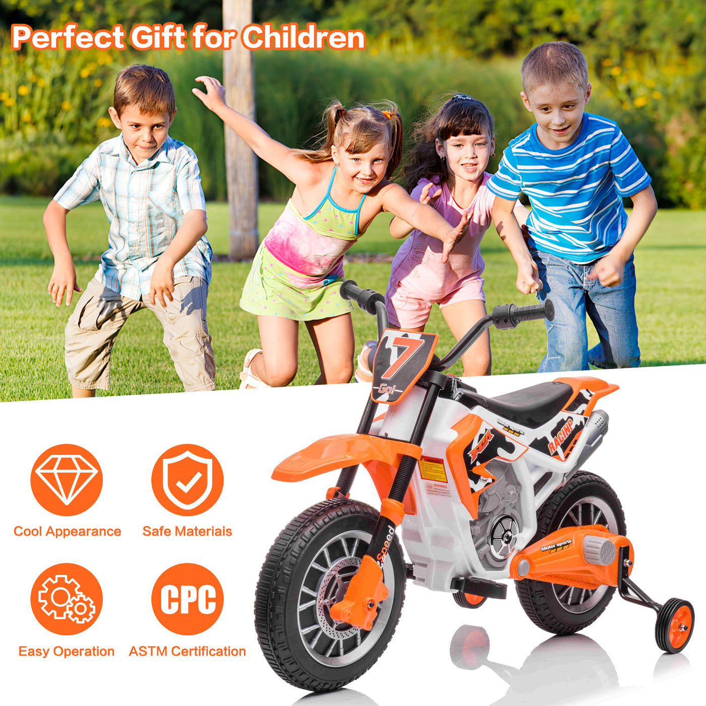 12V Kids Electric Ride on Motorcycle Off-Road Vehicle Battery Powered Dirt Bike with Spring Suspension, Training Wheels, 2 Speeds, MP3 Music