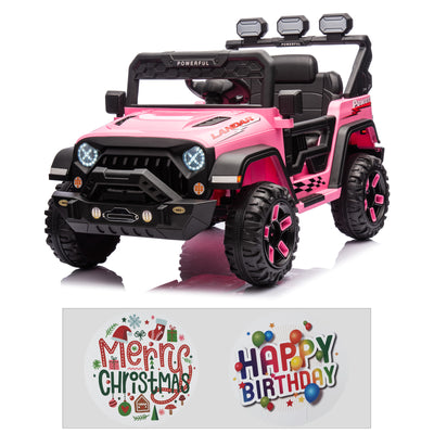 12V Kids Ride On Car Truck with Remote Control & DIY Stickers, Boys Girls Electric Car with 2 Motors, Music Player, Openable Doors, LED Lights, Spring Suspension, 2 Speeds