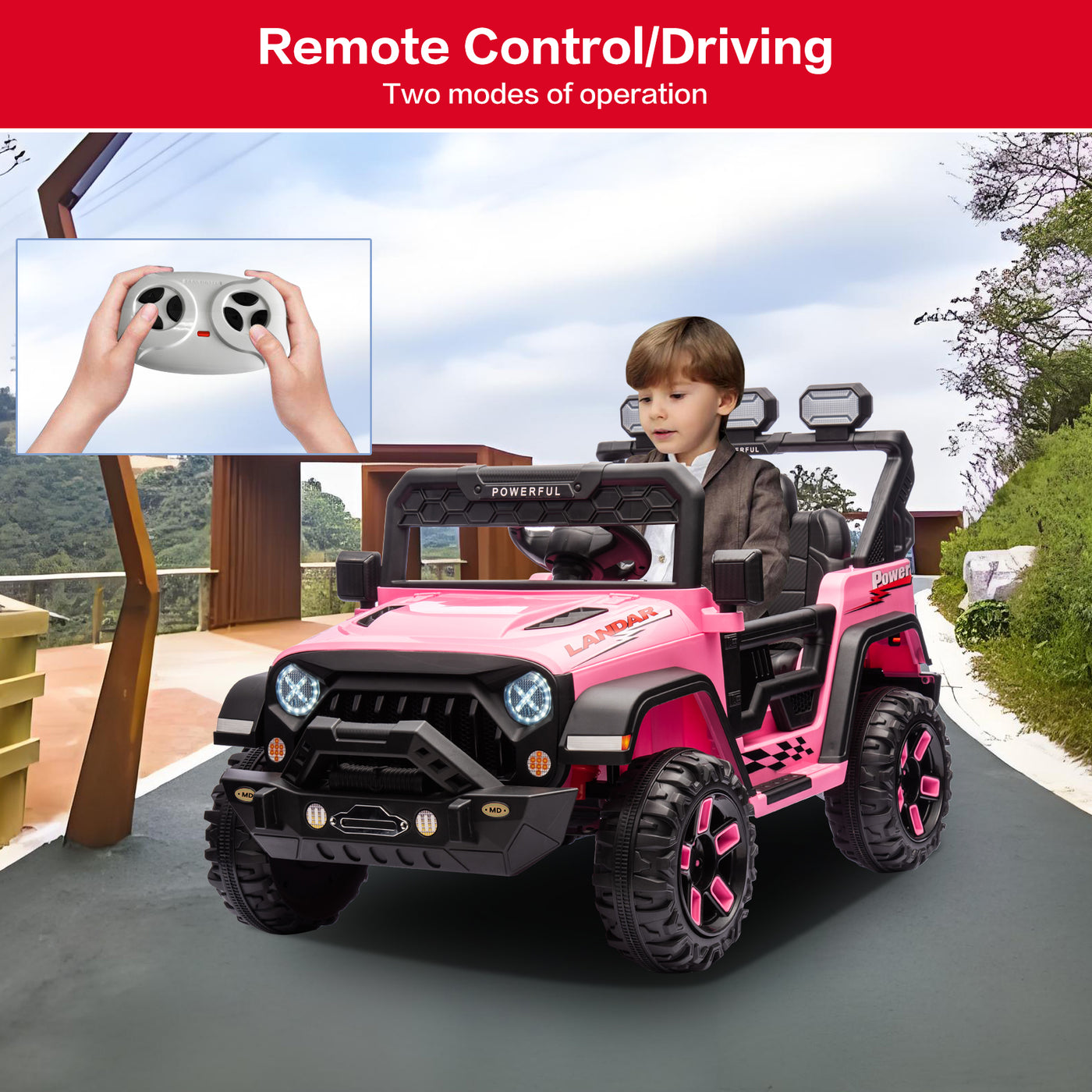 12V Kids Ride On Car Truck with Remote Control & DIY Stickers, Boys Girls Electric Car with 2 Motors, Music Player, Openable Doors, LED Lights, Spring Suspension, 2 Speeds