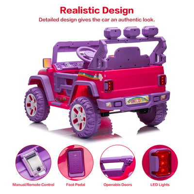 12V Kids Ride On Car Truck with Remote Control & DIY Stickers, Boys Girls Electric Car with 2 Motors, Music Player, Openable Doors, LED Lights, Spring Suspension, 2 Speeds