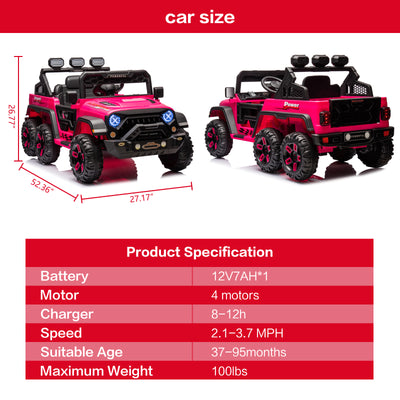 12V Kids Ride On Car Truck with 6 Wheels & 4 Motors, Rear Trunk & DIY Stickers, Boys Girls Electric Car with Remote Control, Music Player, Openable Doors, LED Lights, Spring Suspension, 2 Speeds