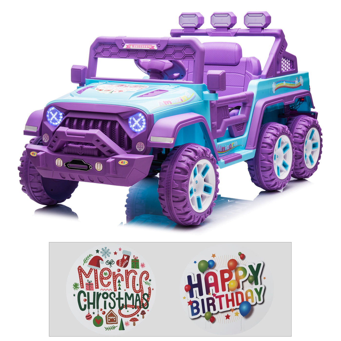 12V Kids Ride On Car Truck with 6 Wheels & 4 Motors, Rear Trunk & DIY Stickers, Boys Girls Electric Car with Remote Control, Music Player, Openable Doors, LED Lights, Spring Suspension, 2 Speeds