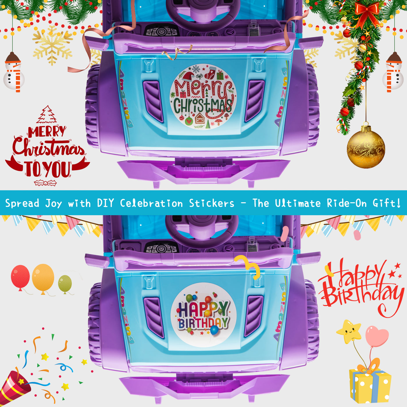 12V Kids Ride On Car Unicorn Truck with 6 Wheels & 4 Motors, Rear Trunk & DIY Stickers, Boys Girls Electric Car with Remote Control, Music Player, Openable Doors, LED Lights, Spring Suspension, 2 Speeds, Purple/Cyan