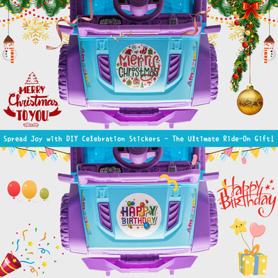 12V Kids Ride On Car Unicorn Truck with 6 Wheels & 4 Motors, Rear Trunk & DIY Stickers, Boys Girls Electric Car with Remote Control, Music Player, Openable Doors, LED Lights, Spring Suspension, 2 Speeds, Purple/Cyan