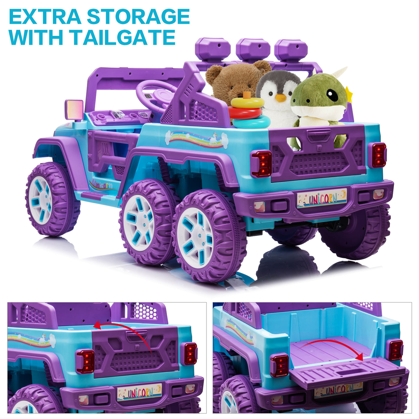 12V Kids Ride On Car Truck with 6 Wheels & 4 Motors, Rear Trunk & DIY Stickers, Boys Girls Electric Car with Remote Control, Music Player, Openable Doors, LED Lights, Spring Suspension, 2 Speeds