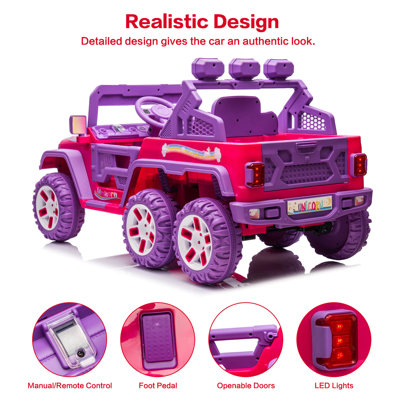 12V Kids Ride On Car Truck with 6 Wheels & 4 Motors, Rear Trunk & DIY Stickers, Boys Girls Electric Car with Remote Control, Music Player, Openable Doors, LED Lights, Spring Suspension, 2 Speeds