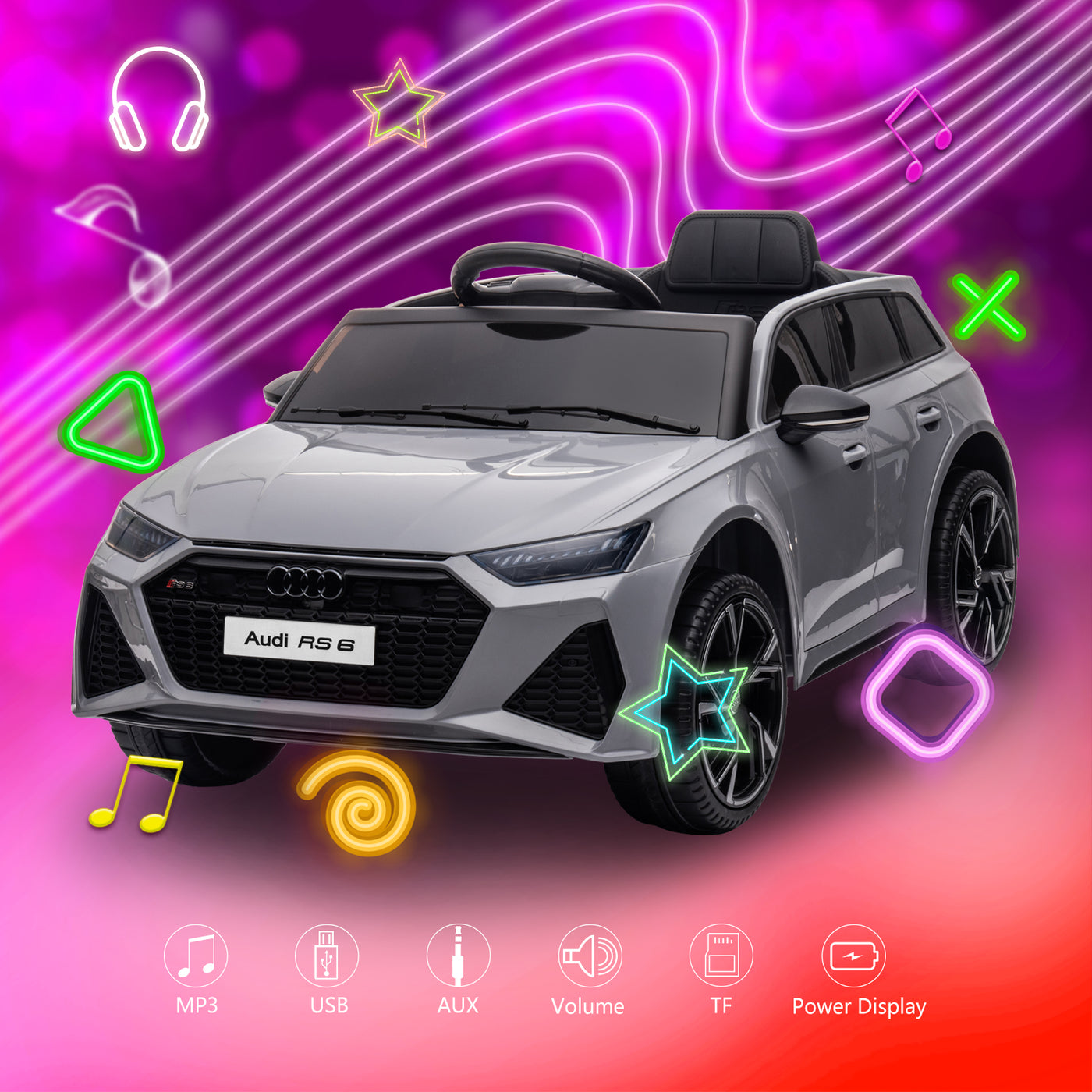 Licensed Audi RS 6 Ride On Car for Kids 12V Electric Car with 2.4G Remote Control, Seat Belt, Openable Door, Spring Suspension, LED Light