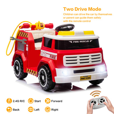 12V7AH Kids Ride on Fire Truck Fighter Battery Powered Car Toy with Remote Control, Fire Gun, Shovel, Loudspeaker, Music, Lamplight, Power Display, MP3/USB/TF Plug, Forward and Backward, Red